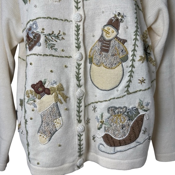 BP Design Medium VTG 90s Christmas Cardigan Embroidered Holiday Snowman - Picture 3 of 6